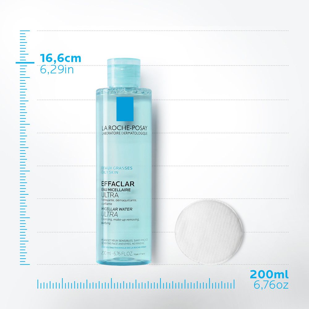 La Roche-Posay Effaclar klärende Lotion. Blaue Flasche, Wattepad. Maße: 16,6 cm, 200ml. Produktname und Logo auf dem Etikett.