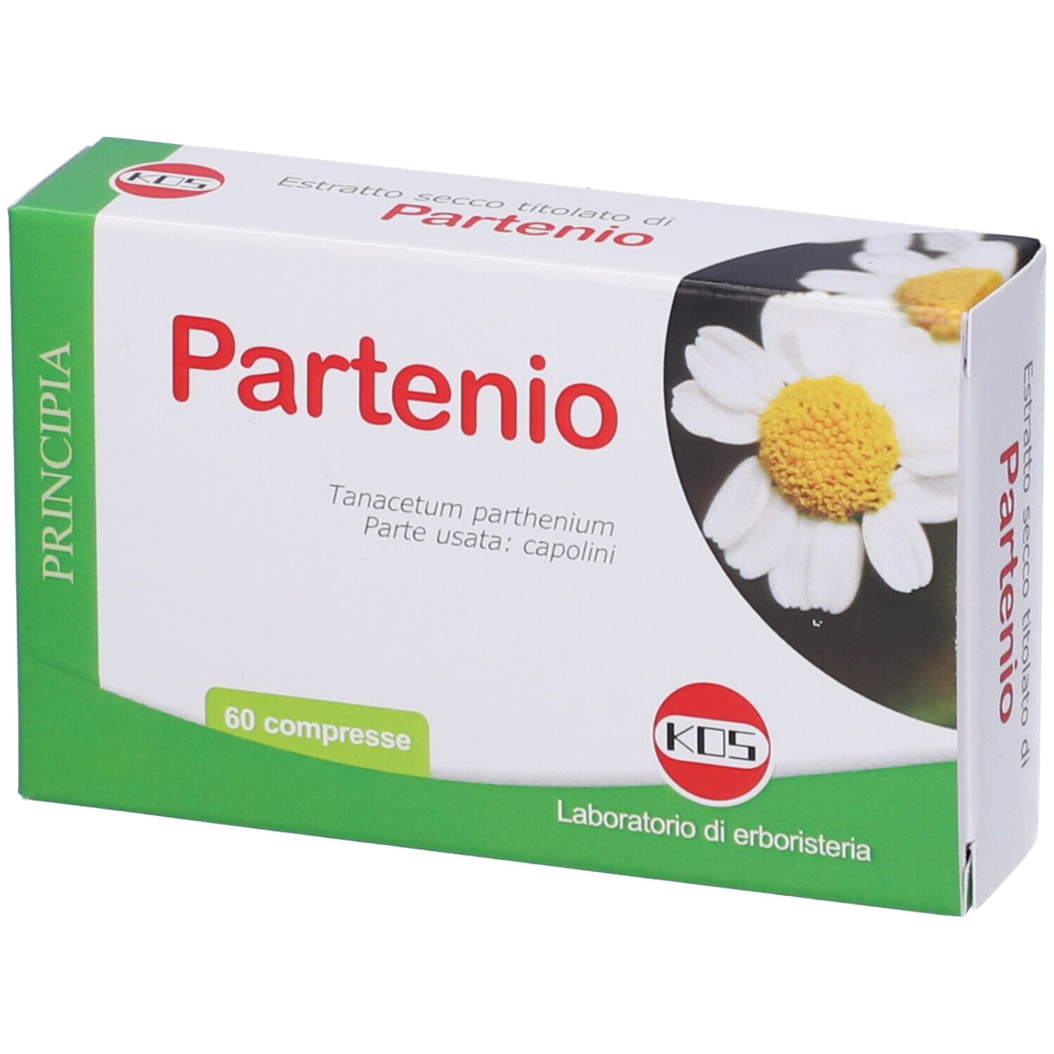 Scatola di compresse Partenio. Scritta "Partenio" in rosso, "60 compresse". Logo KOS e illustrazione di fiori di camomilla.