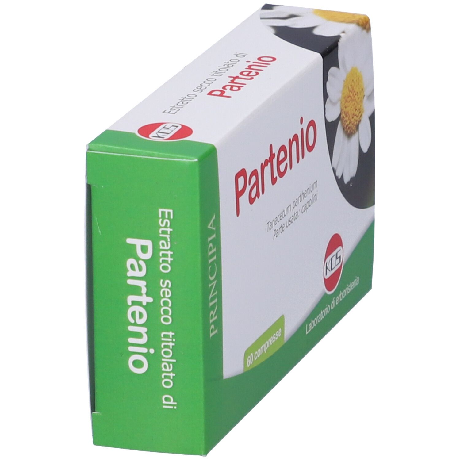 Vista obliqua della scatola di compresse Partenio. Scritta "Partenio" e "60 compresse". Logo KOS e fiore di camomilla.