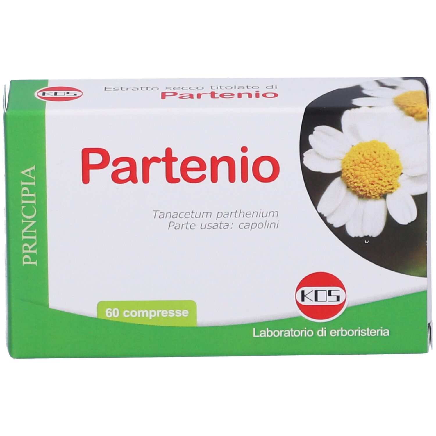 Scatola di compresse Partenio. Scritta "Partenio" in rosso, "60 compresse". Logo KOS e illustrazione di fiori di camomilla.