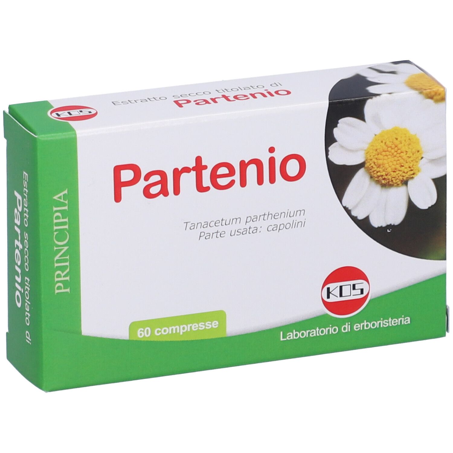 Scatola di compresse Partenio. Scritta "Partenio" in rosso, "60 compresse". Logo KOS e illustrazione di fiori di camomilla.