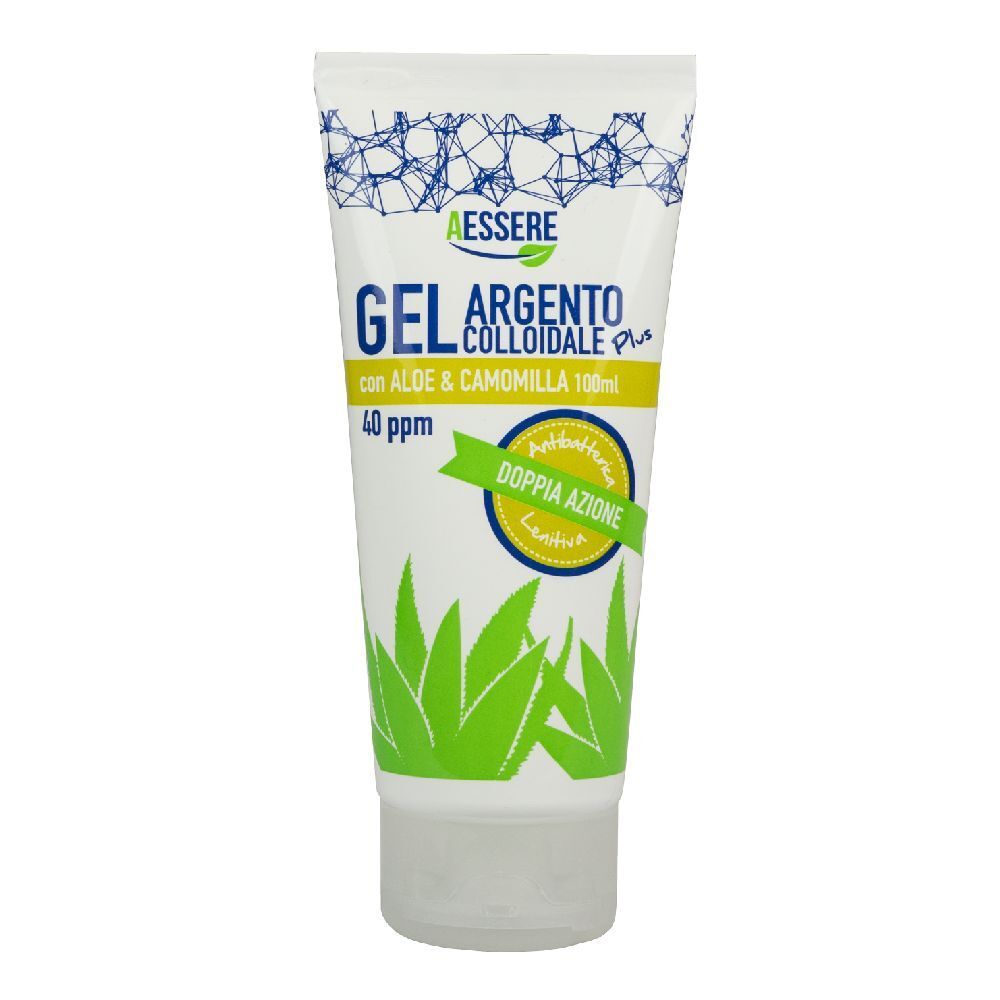 Tubo bianco e blu con testo. Gel Argento Colloidale Plus con Aloe & Camomilla. Logo verde e giallo.