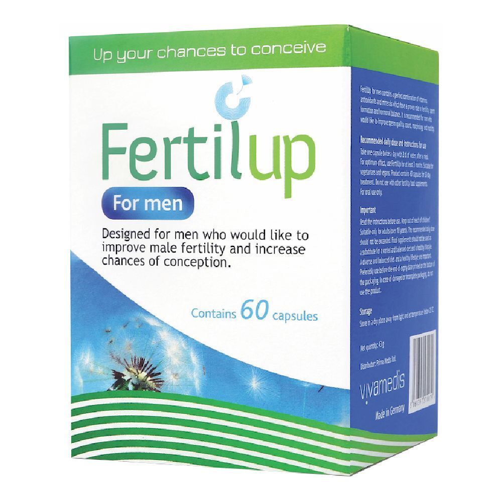 Confezione di FertilUp® For Men. Contiene 60 capsule. Design verde e bianco con nome e logo del prodotto.