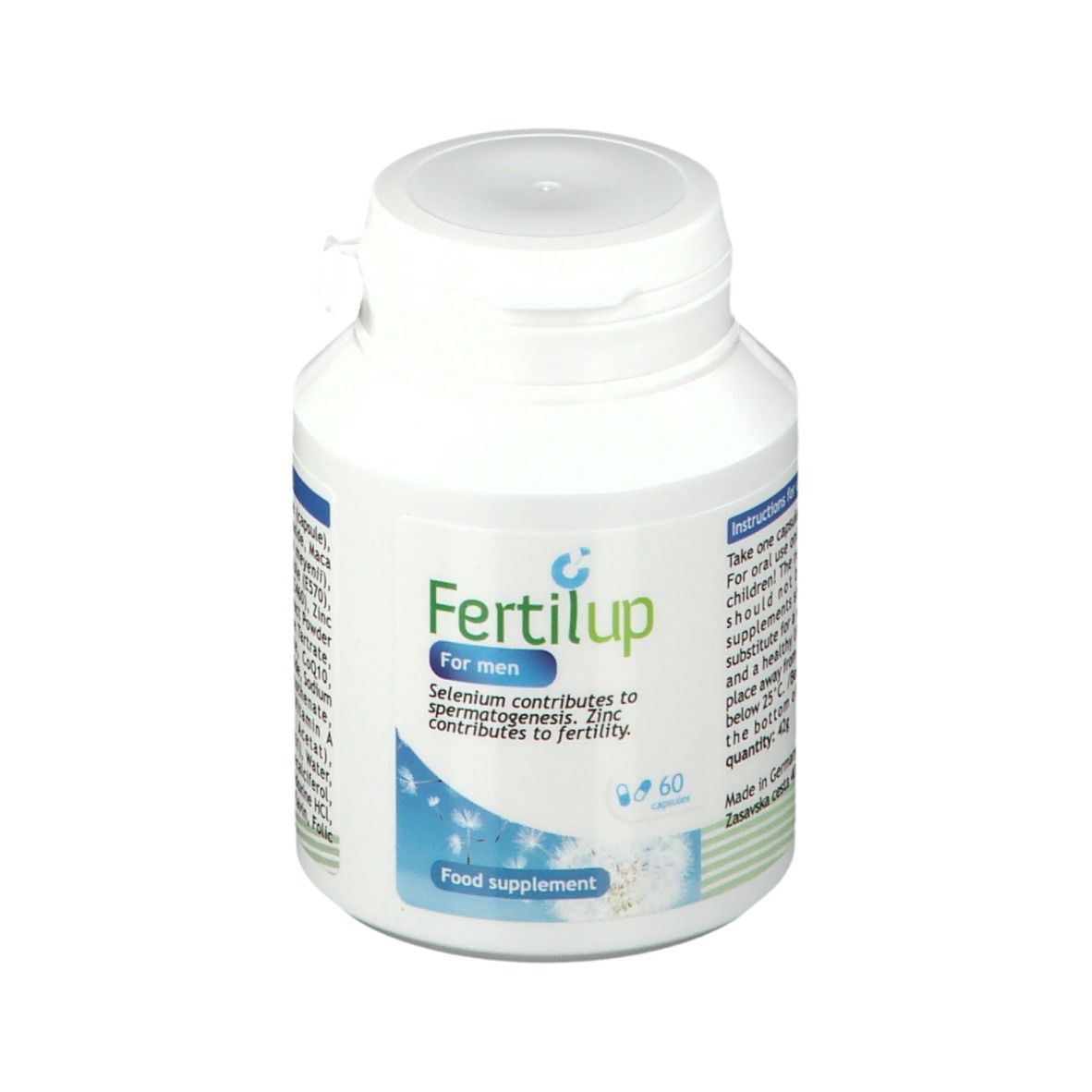 Flacone bianco di FertilUp® For Men. Contiene 60 capsule. Etichetta blu con informazioni sul prodotto.