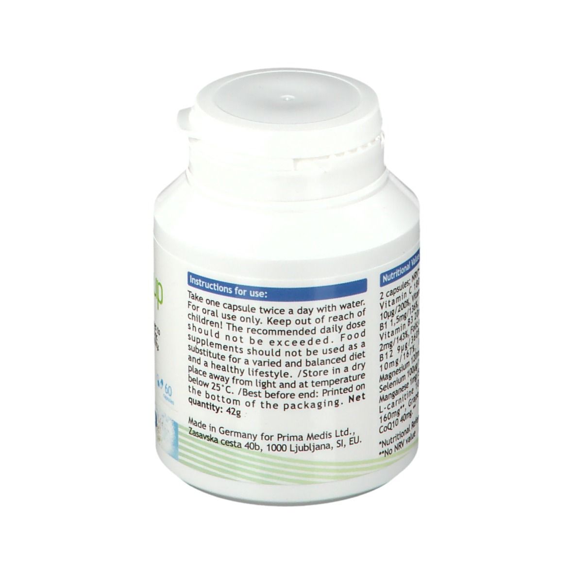 Retro del flacone bianco FertilUp® For Men. Informazioni su uso e ingredienti. 60 capsule.