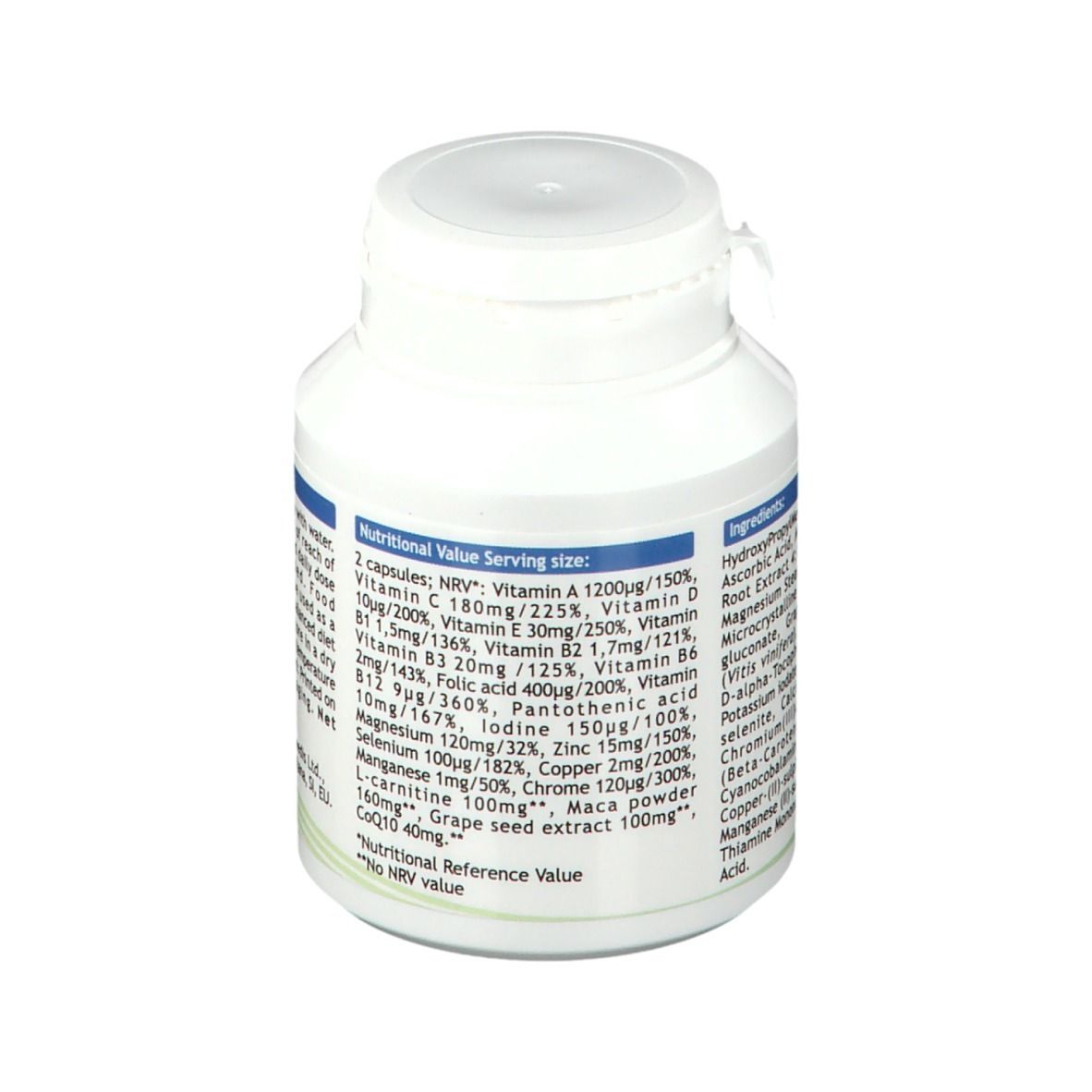 Retro del flacone bianco FertilUp® For Men. Informazioni nutrizionali. 60 capsule.