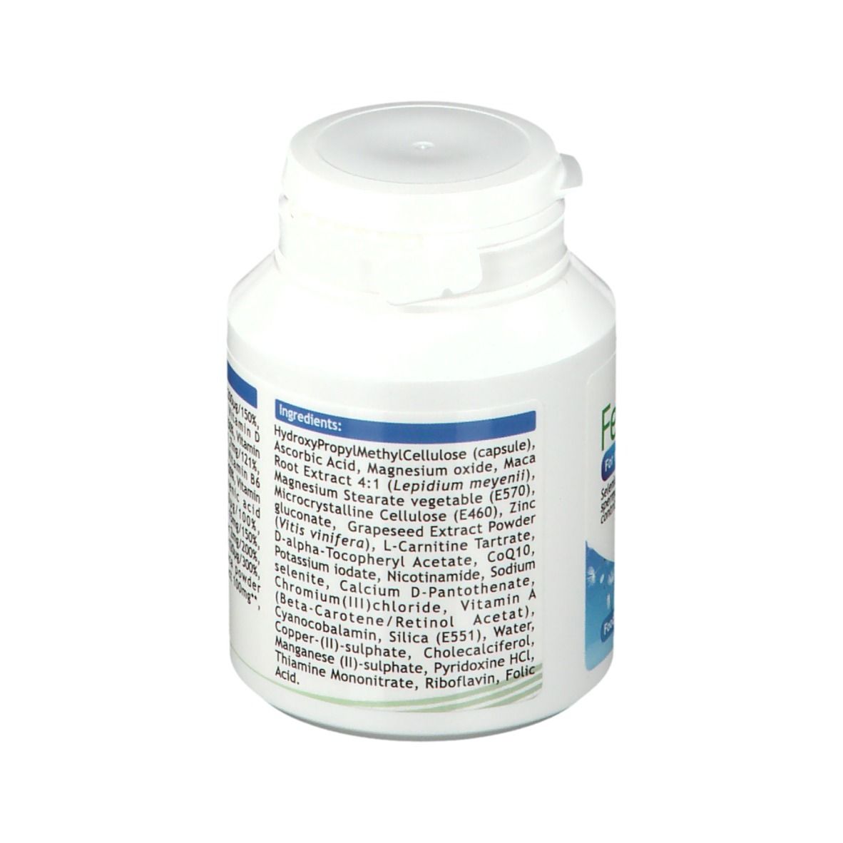 Retro del flacone bianco FertilUp® For Men. Elenco degli ingredienti. 60 capsule.