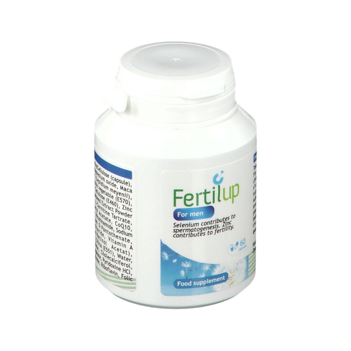 Flacone bianco FertilUp® For Men. Parte anteriore con nome e logo del prodotto. 60 capsule.