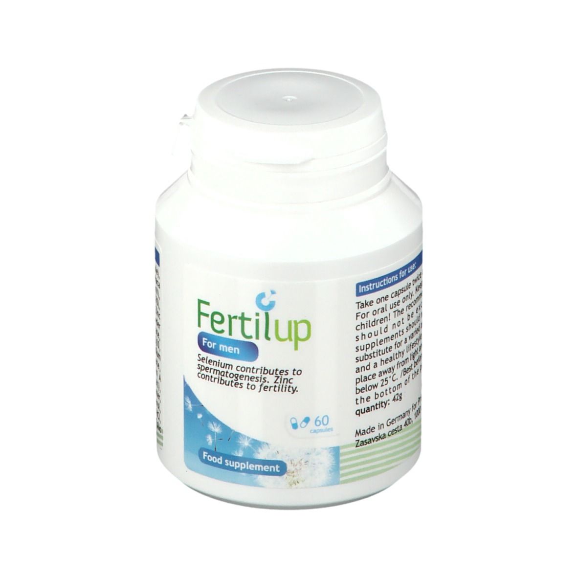Flacone bianco FertilUp® For Men. Parte anteriore con nome e logo del prodotto. 60 capsule.