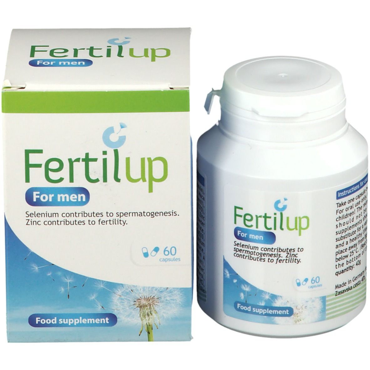 FertilUp® For Men, flacone e confezione. 60 capsule. Bianco, blu e verde. Nome del prodotto visibile.