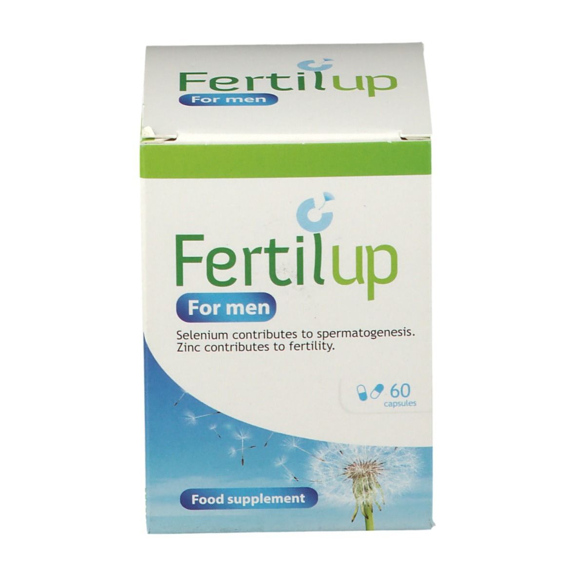 Confezione di FertilUp® For Men. 60 capsule. Design verde e bianco. Nome e logo del prodotto visibili.