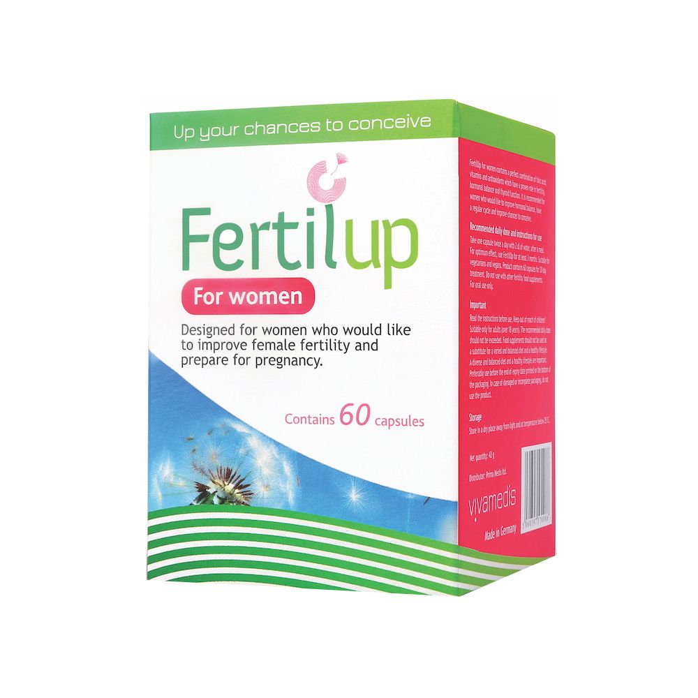 Scatola verde e bianca con logo "Fertilup". Contiene 60 capsule. Testo: "Per donne".