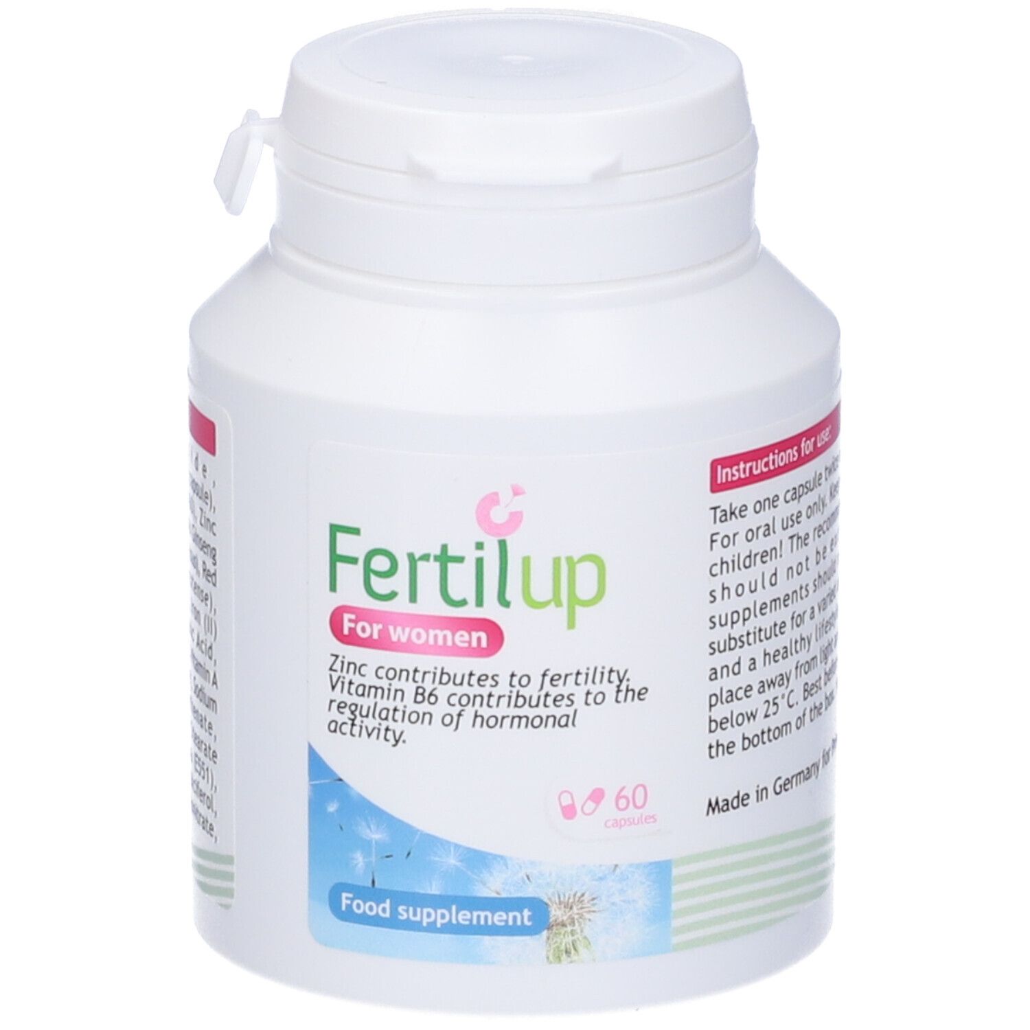 Flacone bianco con logo "Fertilup". Contiene 60 capsule. Testo: "Per donne". Integratore alimentare.