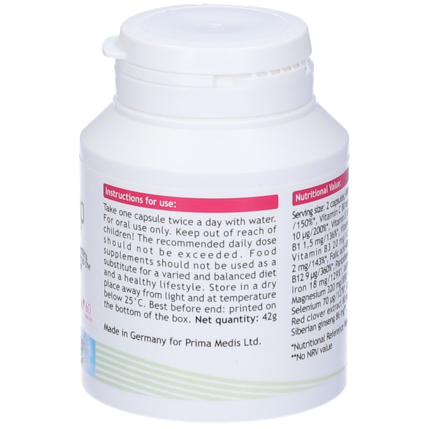 Flacone bianco con istruzioni. Testo: "Fertilup per donne". Peso netto: 42g.