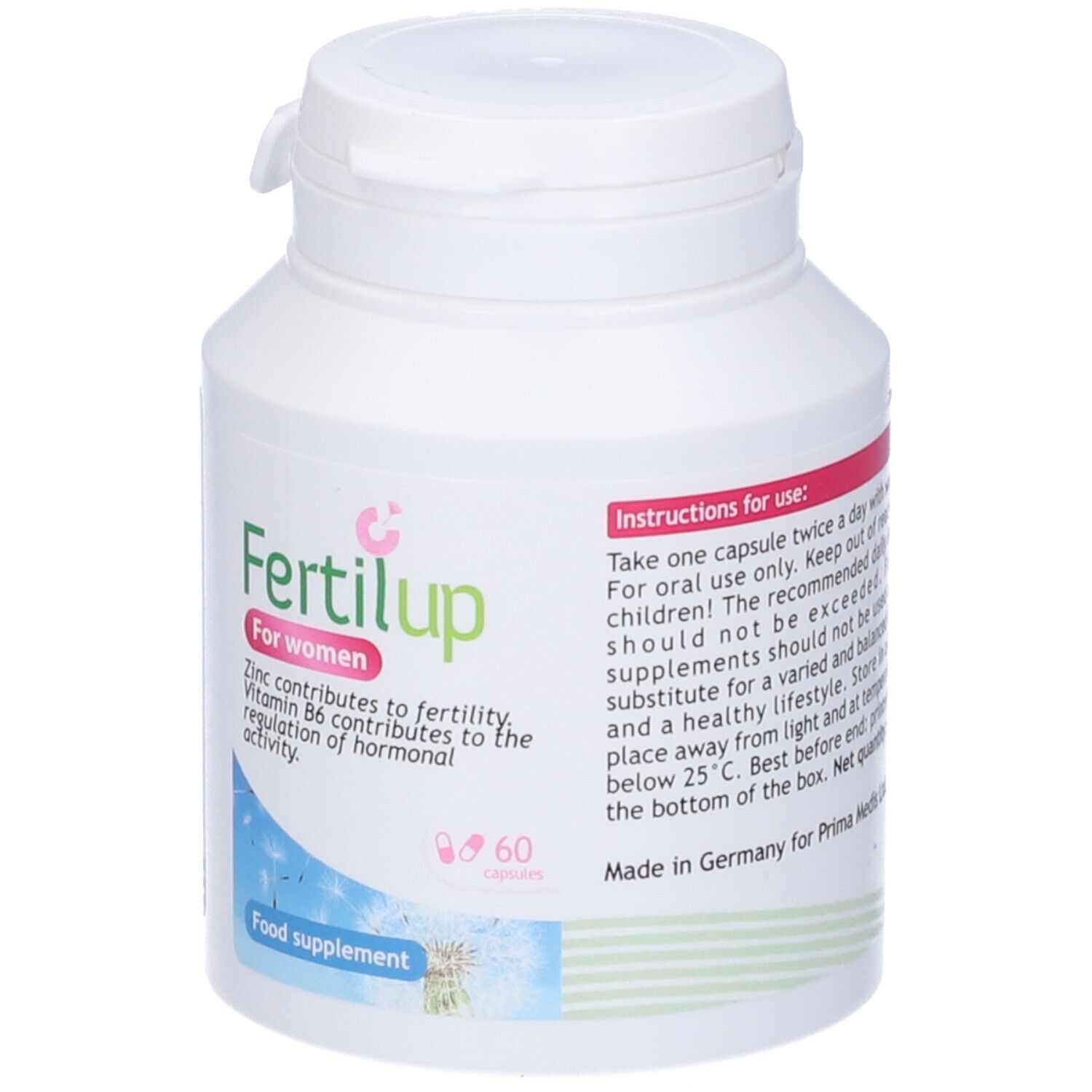 Flacone bianco con logo "Fertilup". Contiene 60 capsule. Testo: "Per donne". Integratore alimentare.