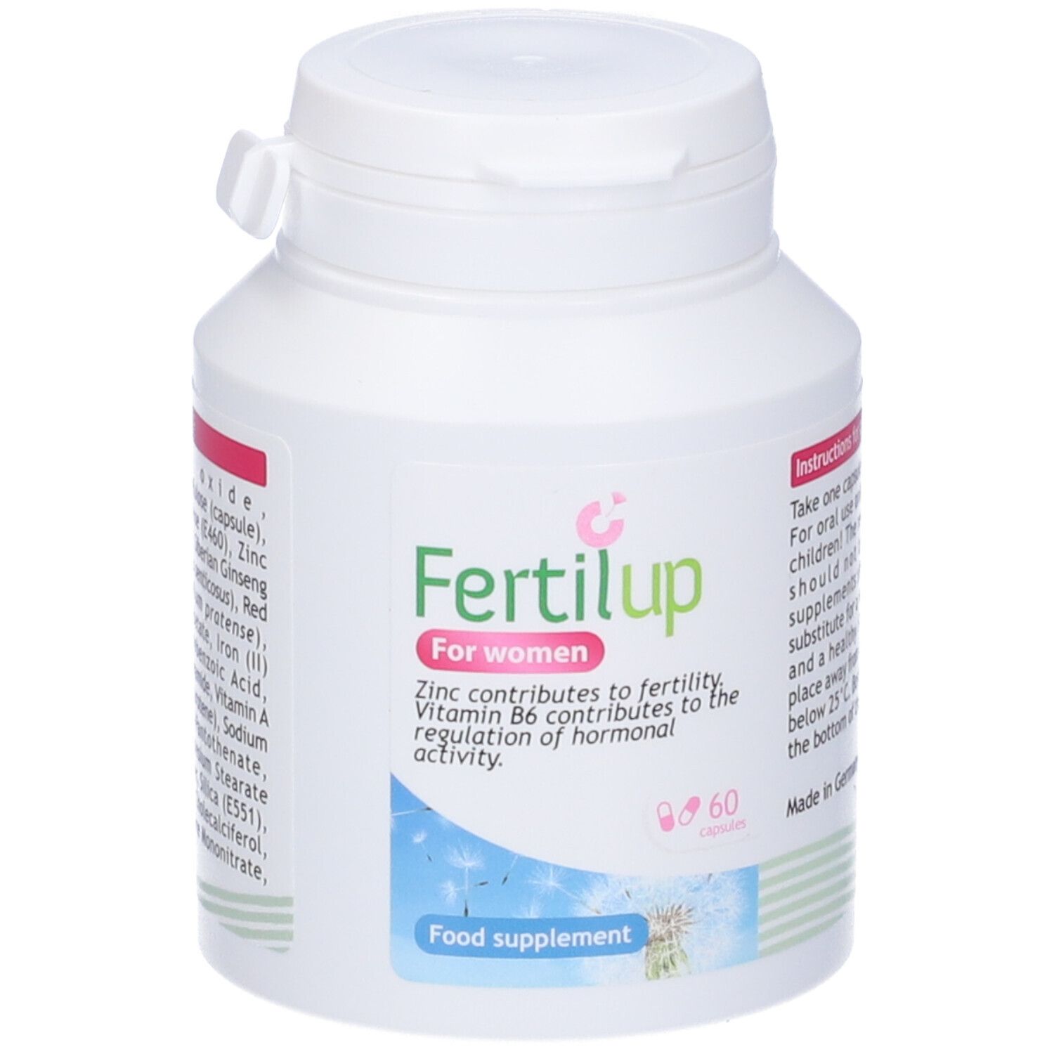 Flacone bianco con logo "Fertilup". Contiene 60 capsule. Testo: "Per donne". Integratore alimentare.