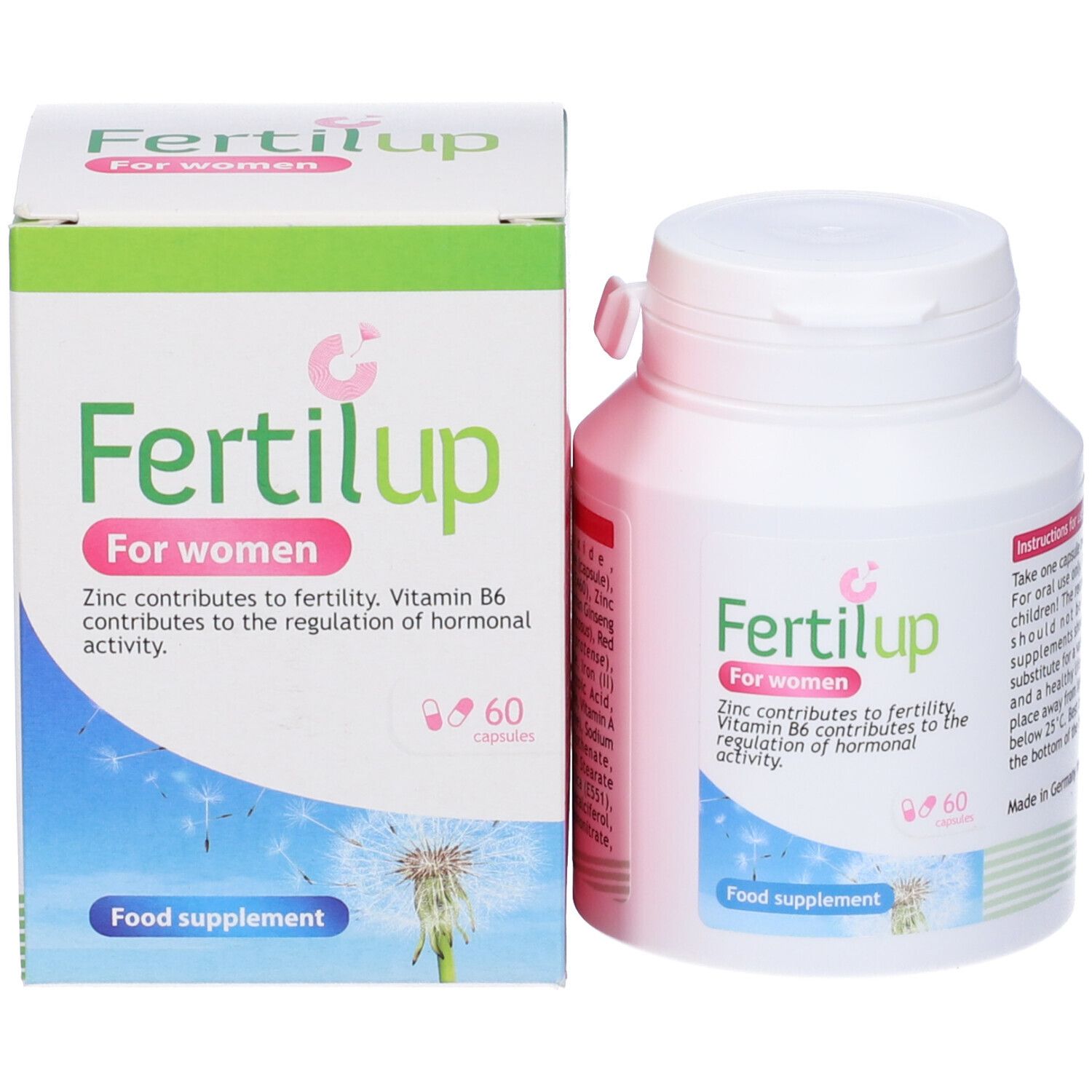 Confezione del prodotto: scatola e flacone. Logo "Fertilup", testo: "Per donne". 60 capsule.