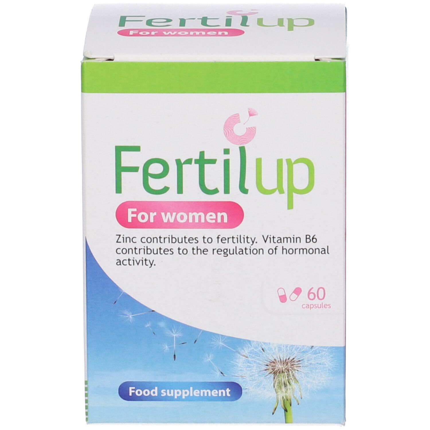 Scatola verde e bianca con logo "Fertilup". Contiene 60 capsule. Testo: "Per donne".