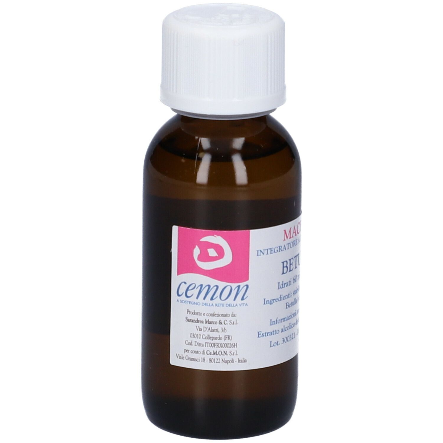 Flacone di vetro marrone con tappo bianco. Etichetta con informazioni sul prodotto. Marchio: cemon.