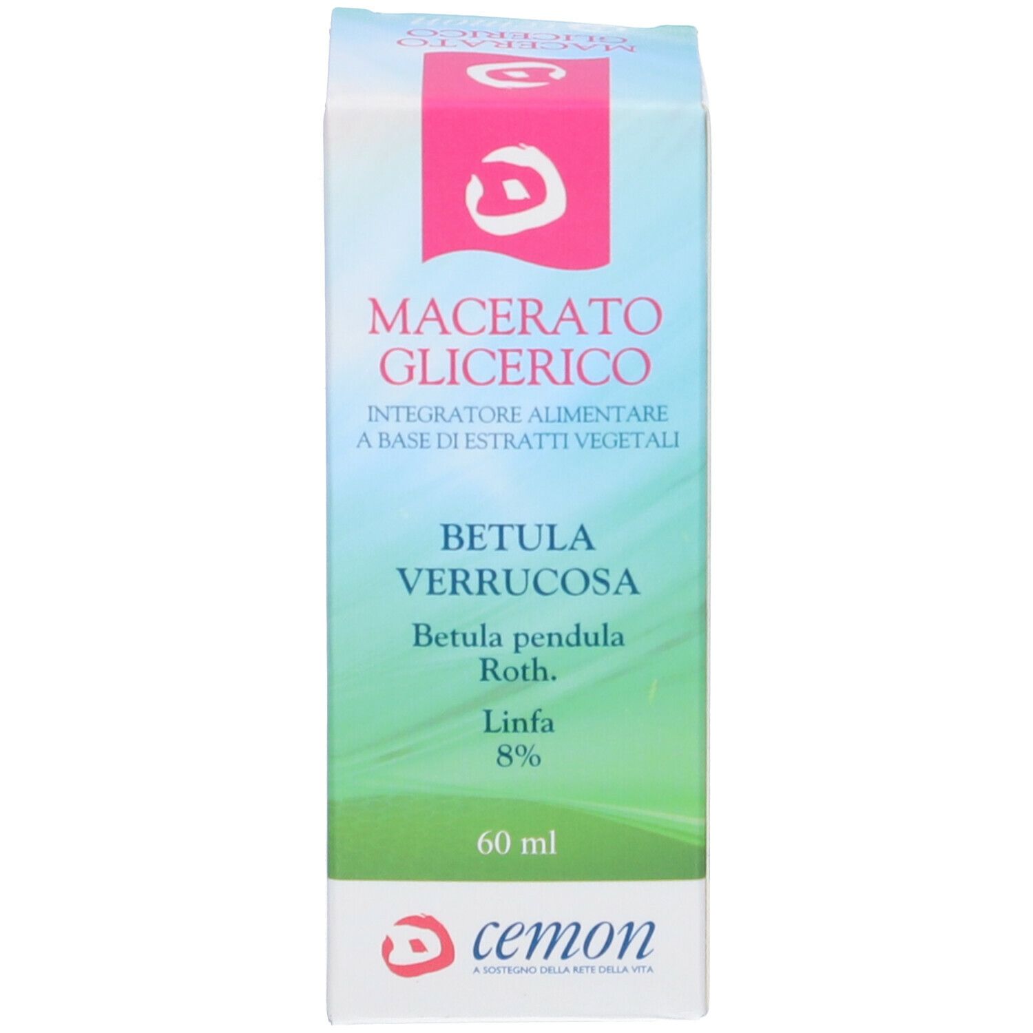 Confezione con informazioni sul prodotto. Accenti rosa e verdi. Testo: Macerato Glicerico, Betula Verrucosa, Linfa 8%.