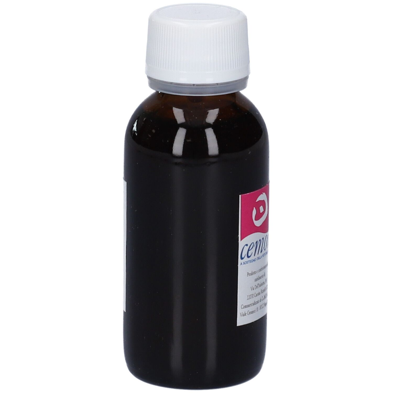 Seitenansicht einer braunen Glasflasche mit weißem Schraubverschluss.