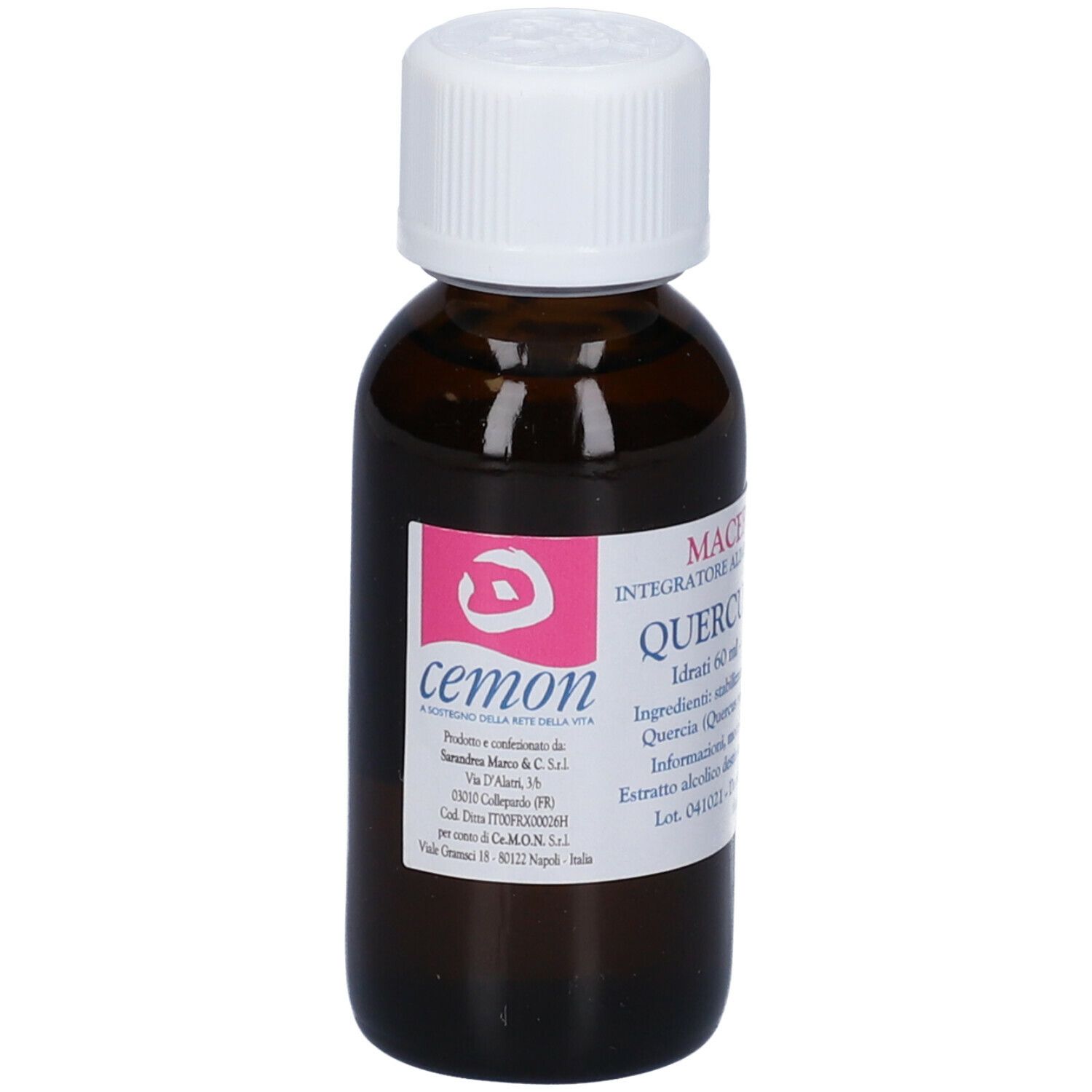 Flacone di vetro marrone con tappo bianco. Etichetta con testo: Macerato Glicerico, Quercus Peduncolata. Marchio: cemon.