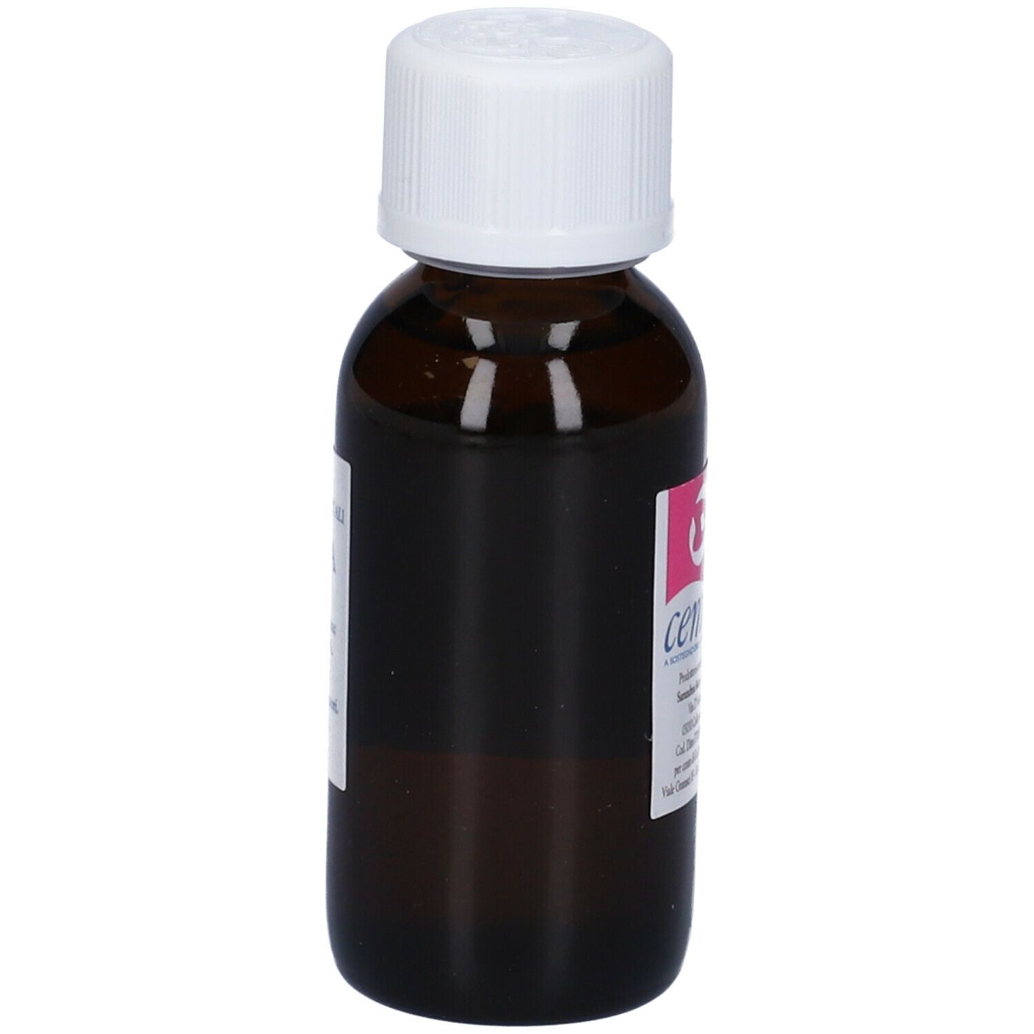 Flacone di vetro marrone con tappo bianco. Etichetta con testo e marchio: cemon.
