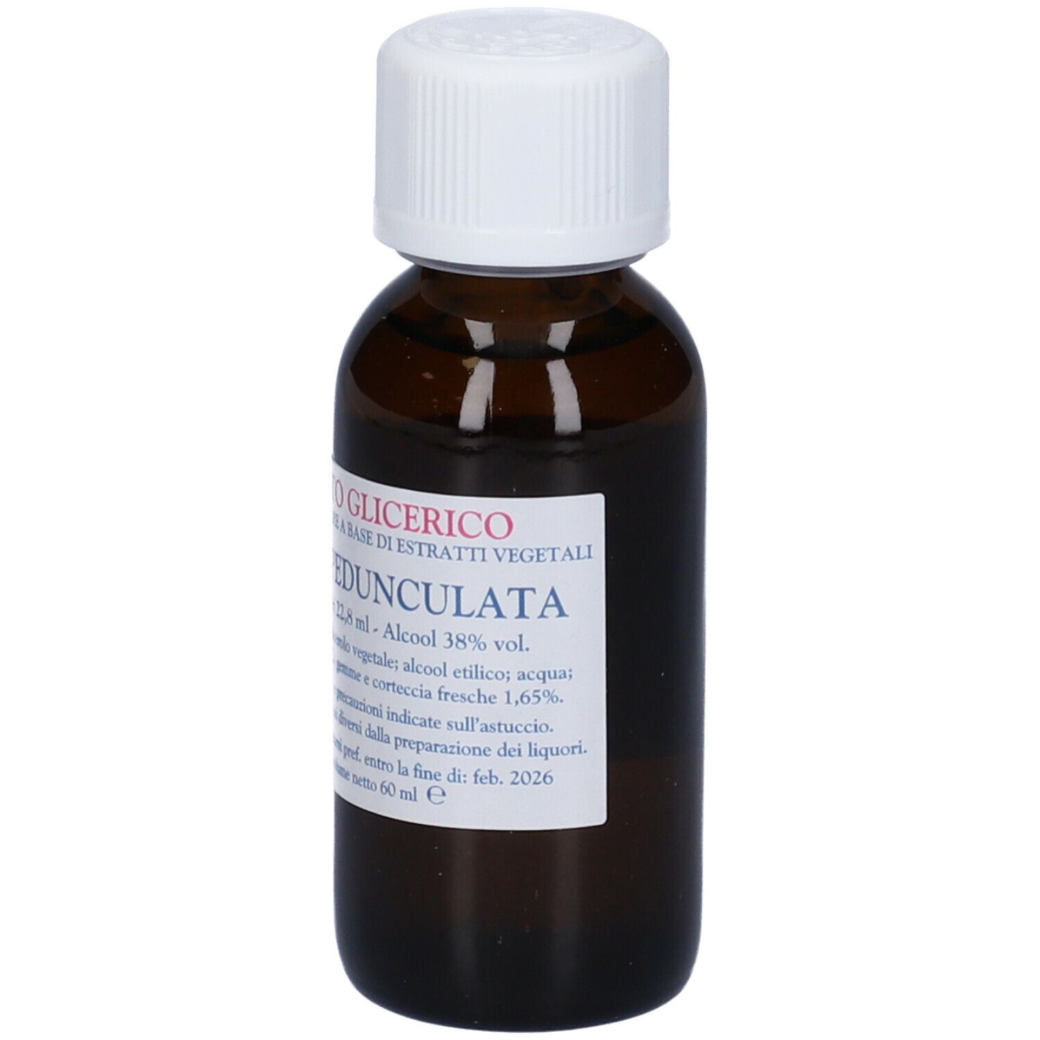 Flacone di vetro marrone con tappo bianco. Etichetta con testo: Macerato Glicerico, Quercus Peduncolata. Marchio: cemon.