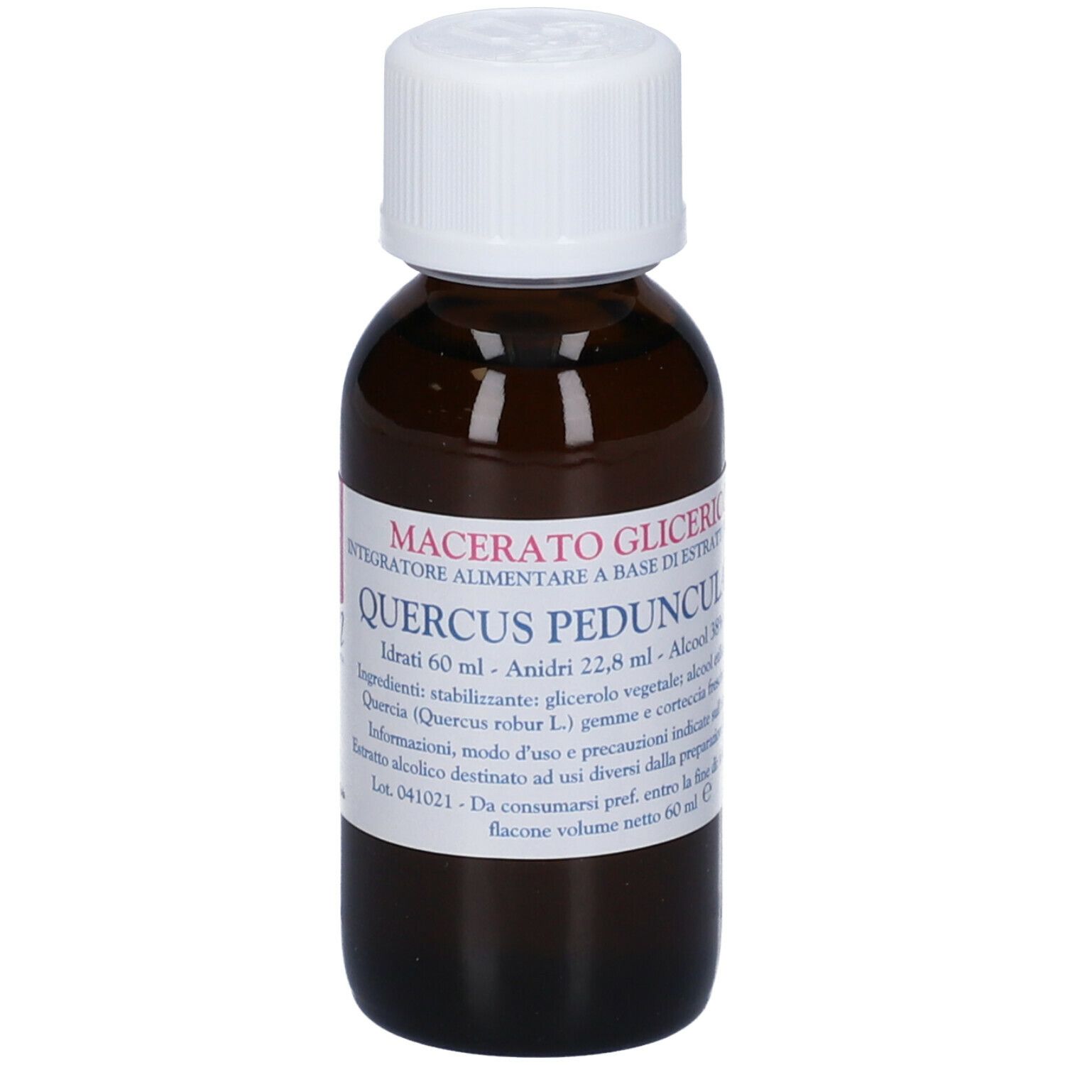 Flacone di vetro marrone con tappo bianco. Etichetta con testo: Macerato Glicerico, Quercus Peduncolata. Marchio: cemon.