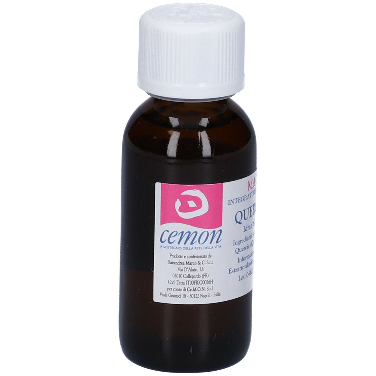 Flacone di vetro marrone con tappo bianco. Etichetta con testo: Macerato Glicerico, Quercus Peduncolata. Marchio: cemon.
