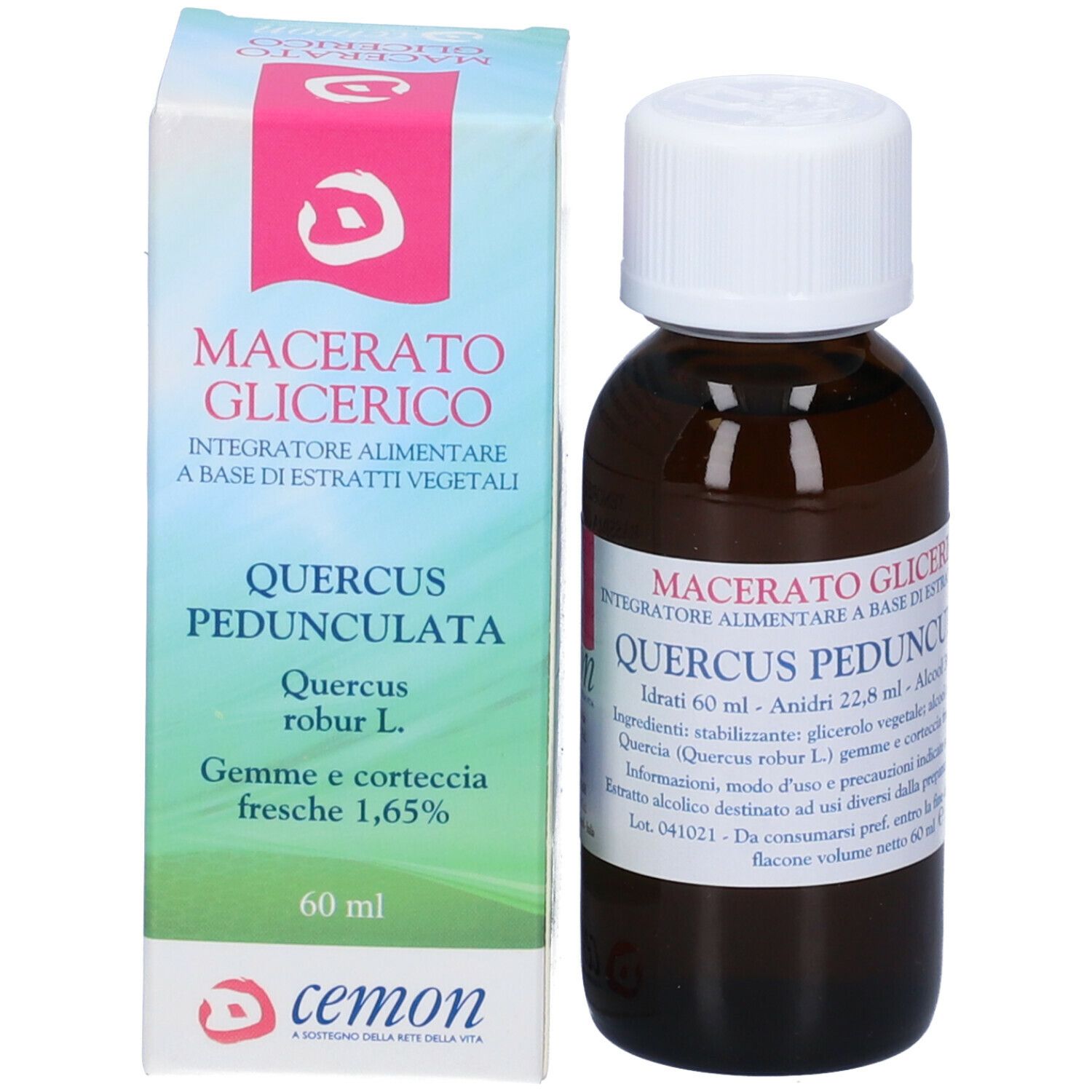 Flacone di vetro marrone e scatola. Testo: Macerato Glicerico, Quercus Peduncolata. Marchio: cemon.