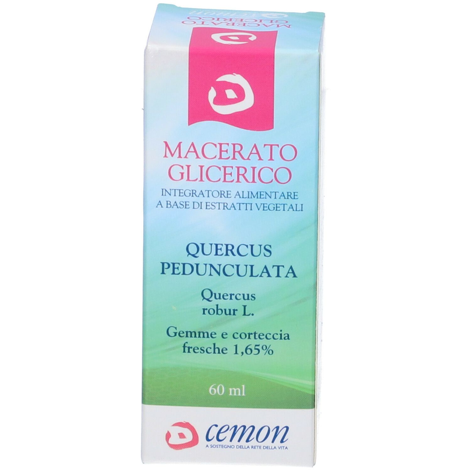 Scatola bianca con dettagli rosa. Testo: Macerato Glicerico, Quercus Peduncolata. Marchio: cemon.