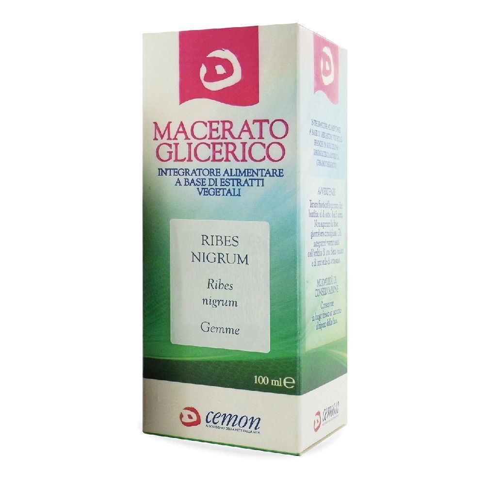 Karton mit Produktbeschriftung. Text: Macerato Glicerico, Ribes Nigrum, Cemon Logo.