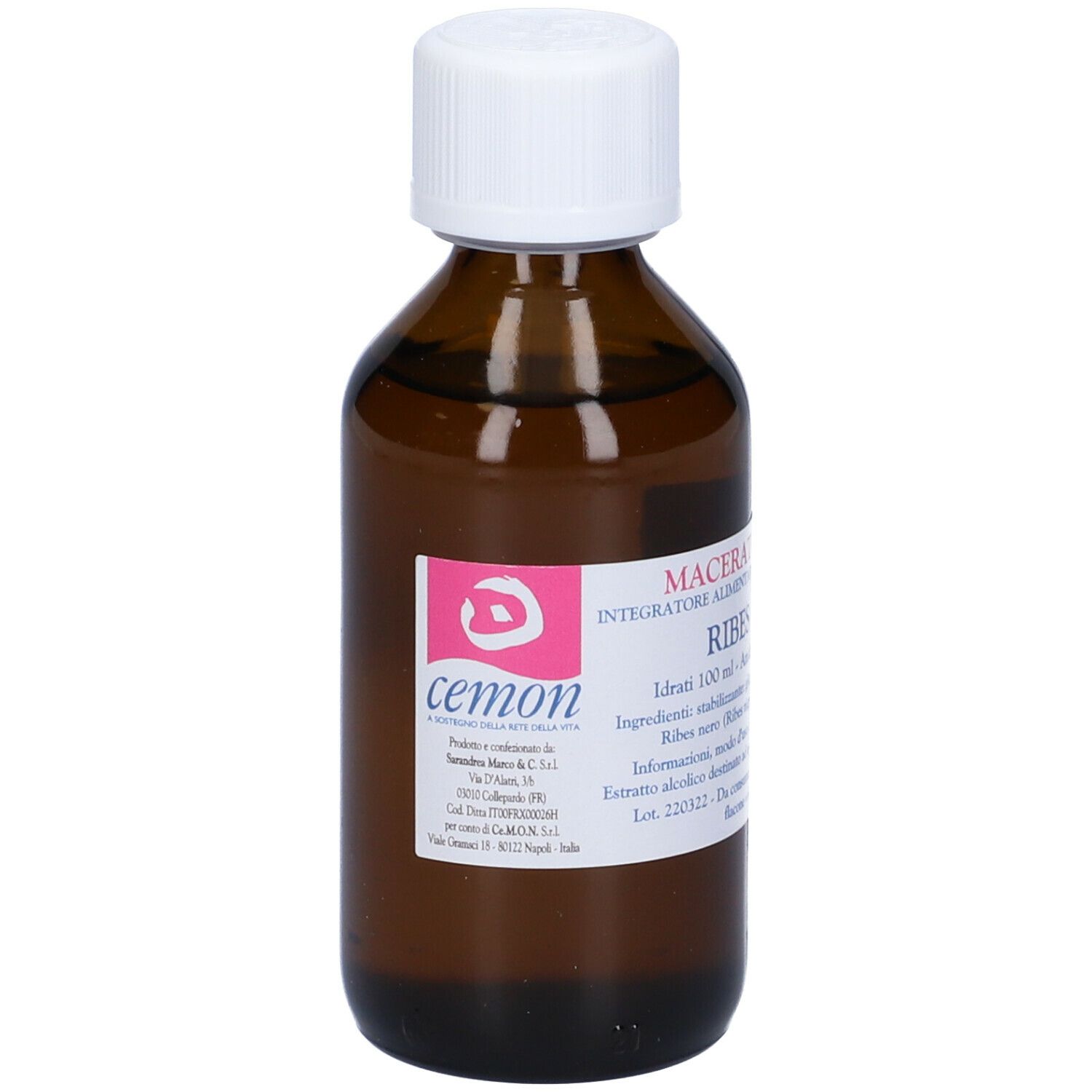 Braune Glasflasche mit weißem Deckel. Etikett mit Produktinformationen. Text: Macerato Glicerico, Ribes Nigrum.