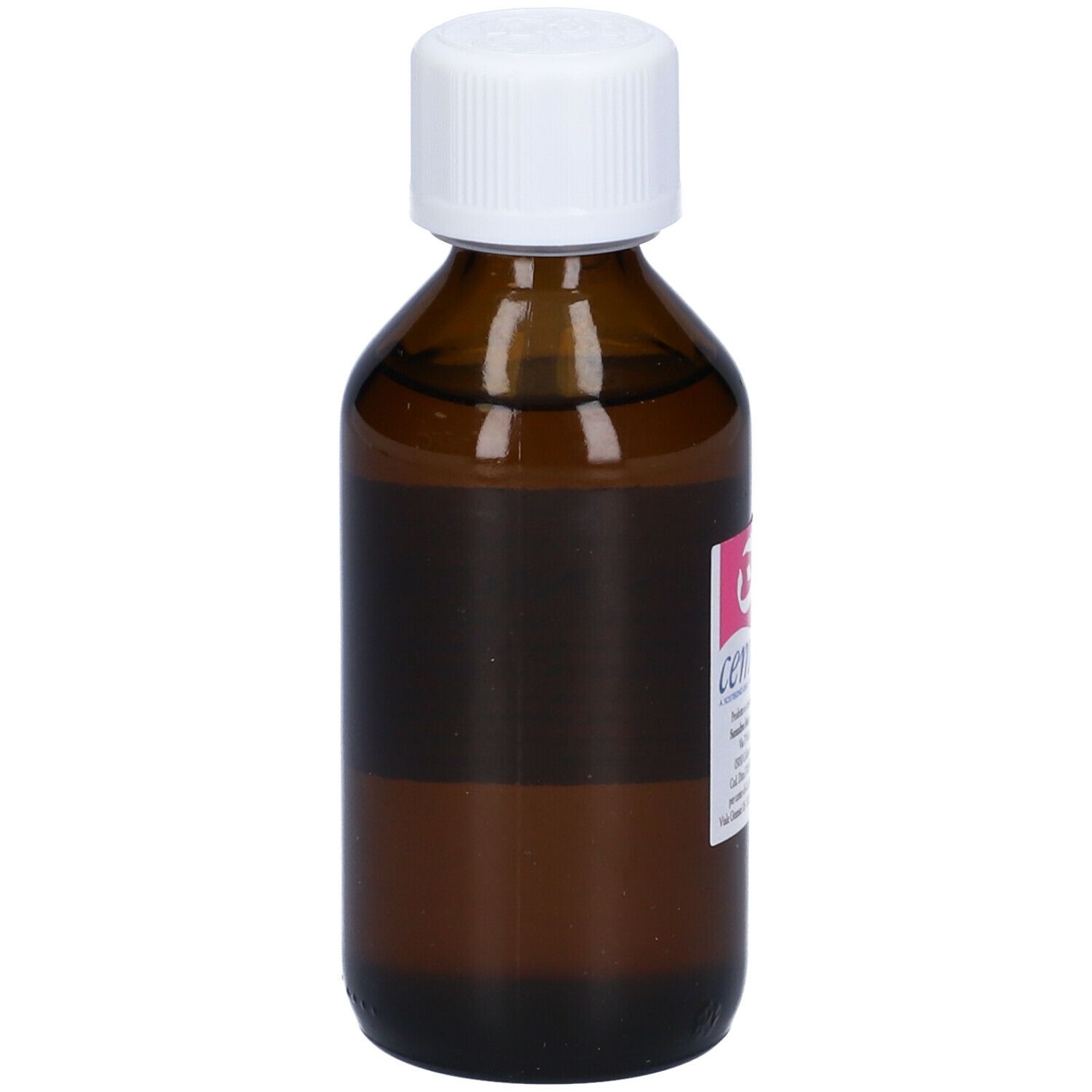 Braune Glasflasche mit weißem Deckel. Etikett mit Produktinformationen. Text: Macerato Glicerico, Ribes Nigrum.