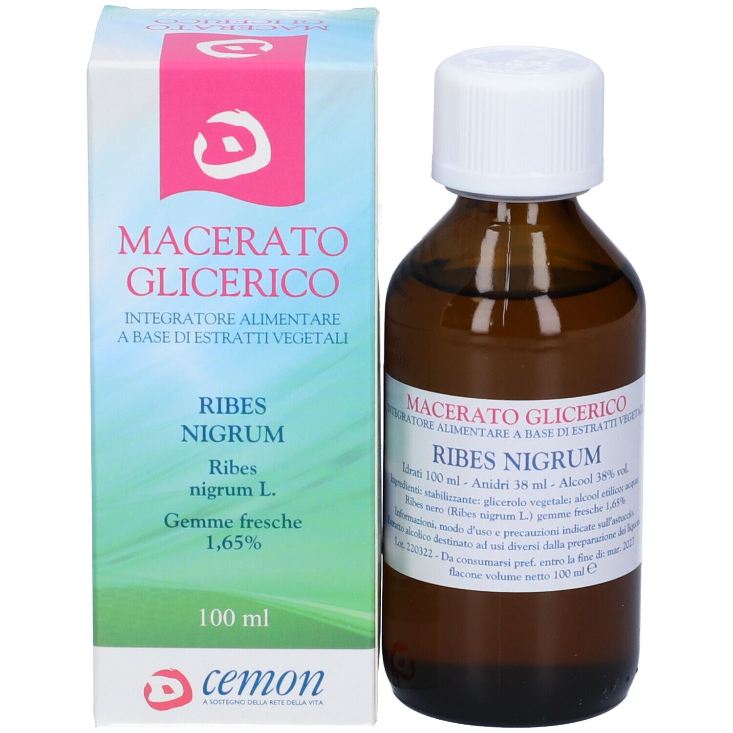 Braune Glasflasche und Karton. Aufschrift: Macerato Glicerico, Ribes Nigrum, Cemon Logo. 100 ml.