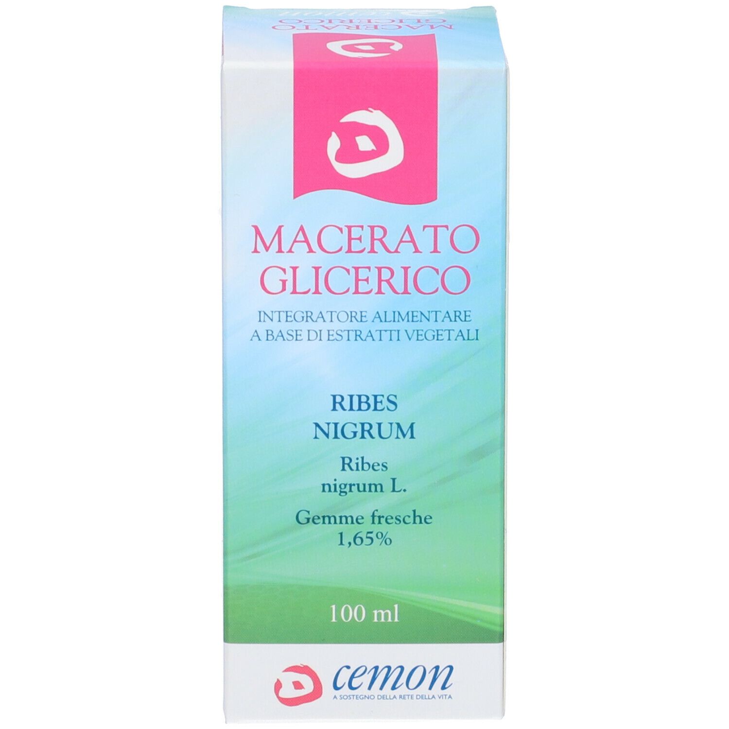 Karton mit Produktbeschriftung. Text: Macerato Glicerico, Ribes Nigrum, Cemon Logo. 100 ml.