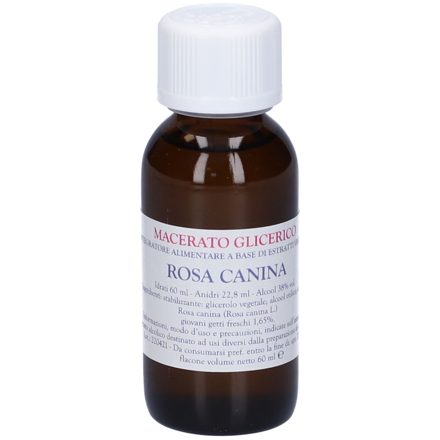 Flacone di vetro marrone, tappo bianco. Scritta: Macerato Glicerico, Rosa Canina.