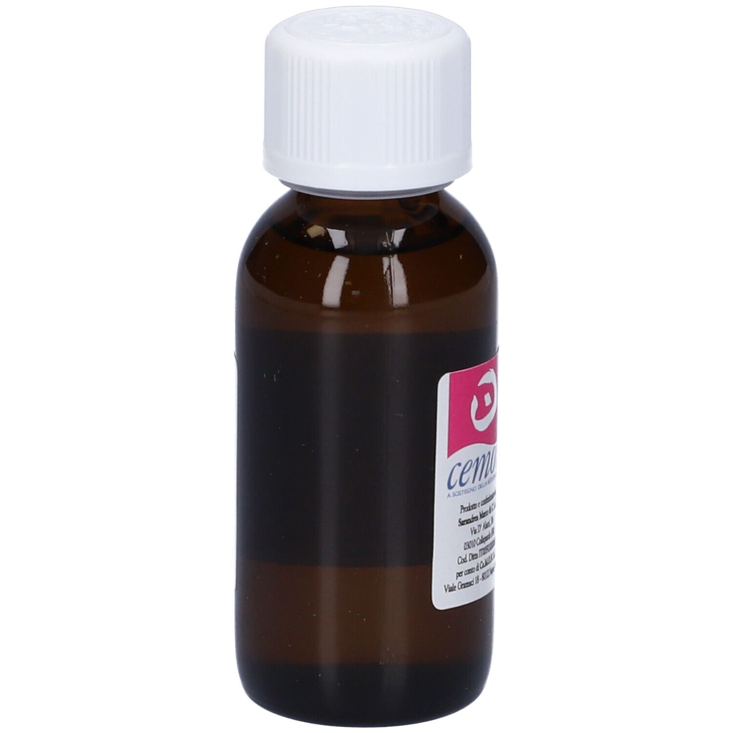 Flacone vetro marrone, tappo bianco. Scritta: Macerato Glicerico, Rosa Canina, cemon.