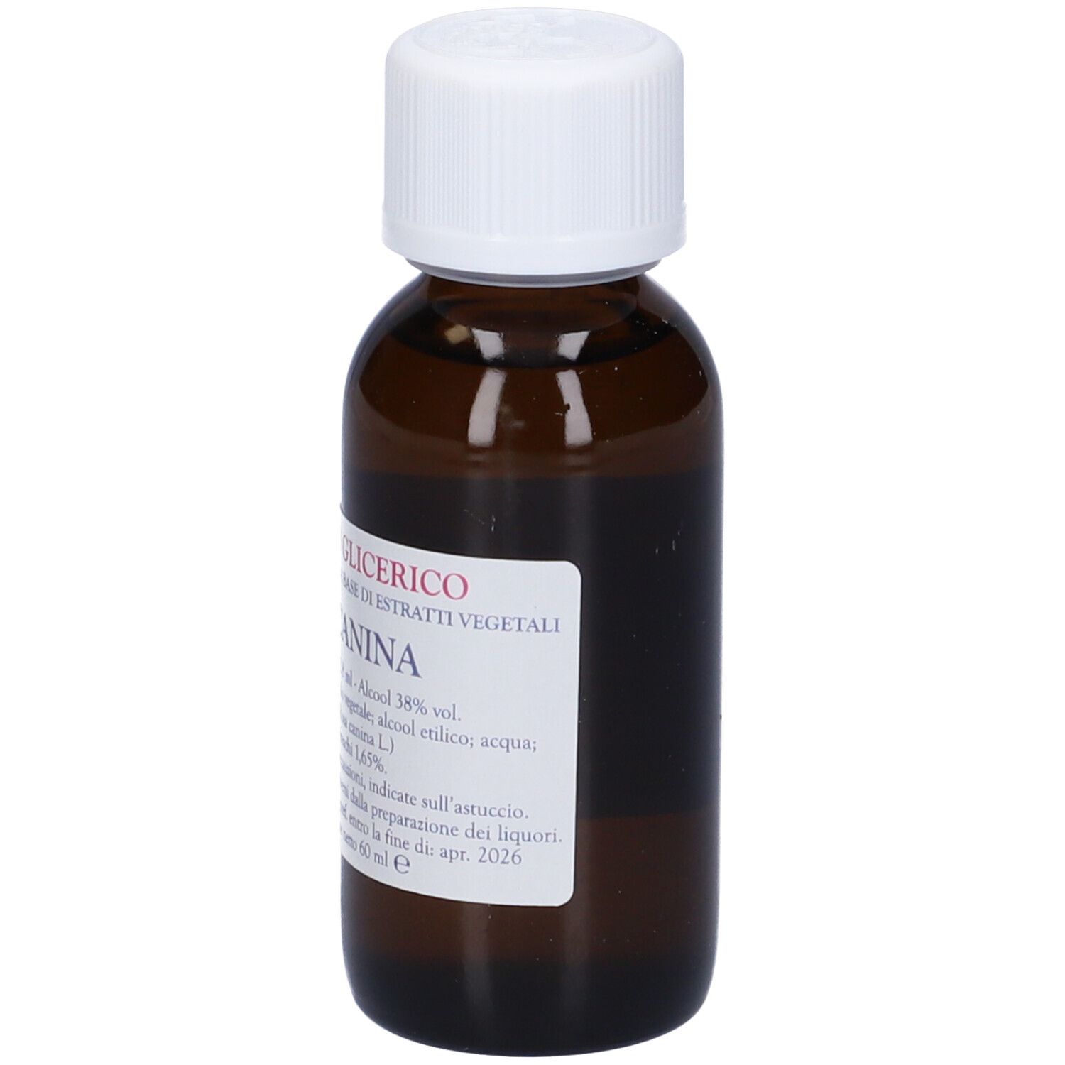 Flacone vetro marrone, tappo bianco. Scritta: Macerato Glicerico, Rosa Canina.