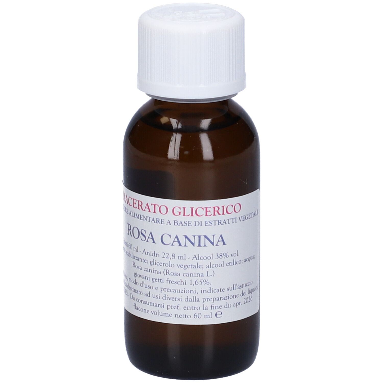 Flacone vetro marrone, tappo bianco. Scritta: Macerato Glicerico, Rosa Canina.