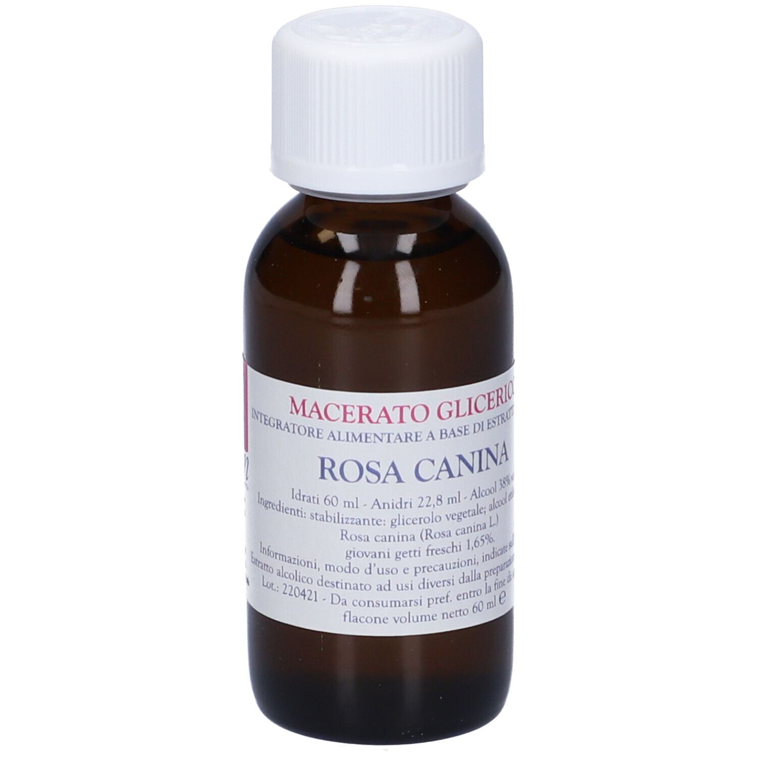 Flacone vetro marrone, tappo bianco. Scritta: Macerato Glicerico, Rosa Canina.