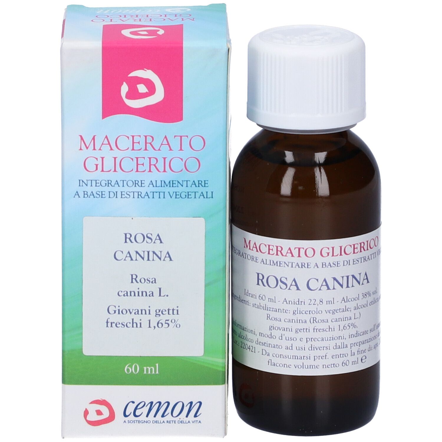 Flacone e scatola. Scritta: Macerato Glicerico, Rosa Canina, cemon.