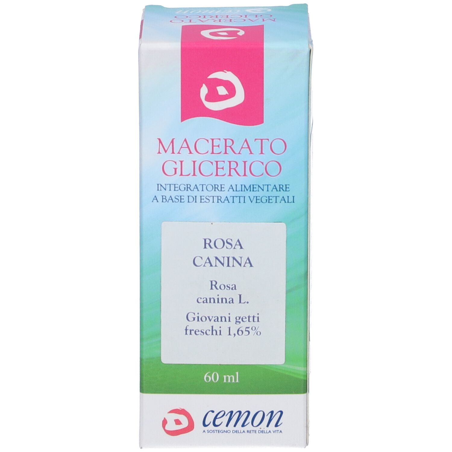 Scatola bianca e rosa. Scritta: Macerato Glicerico, Rosa Canina, cemon.