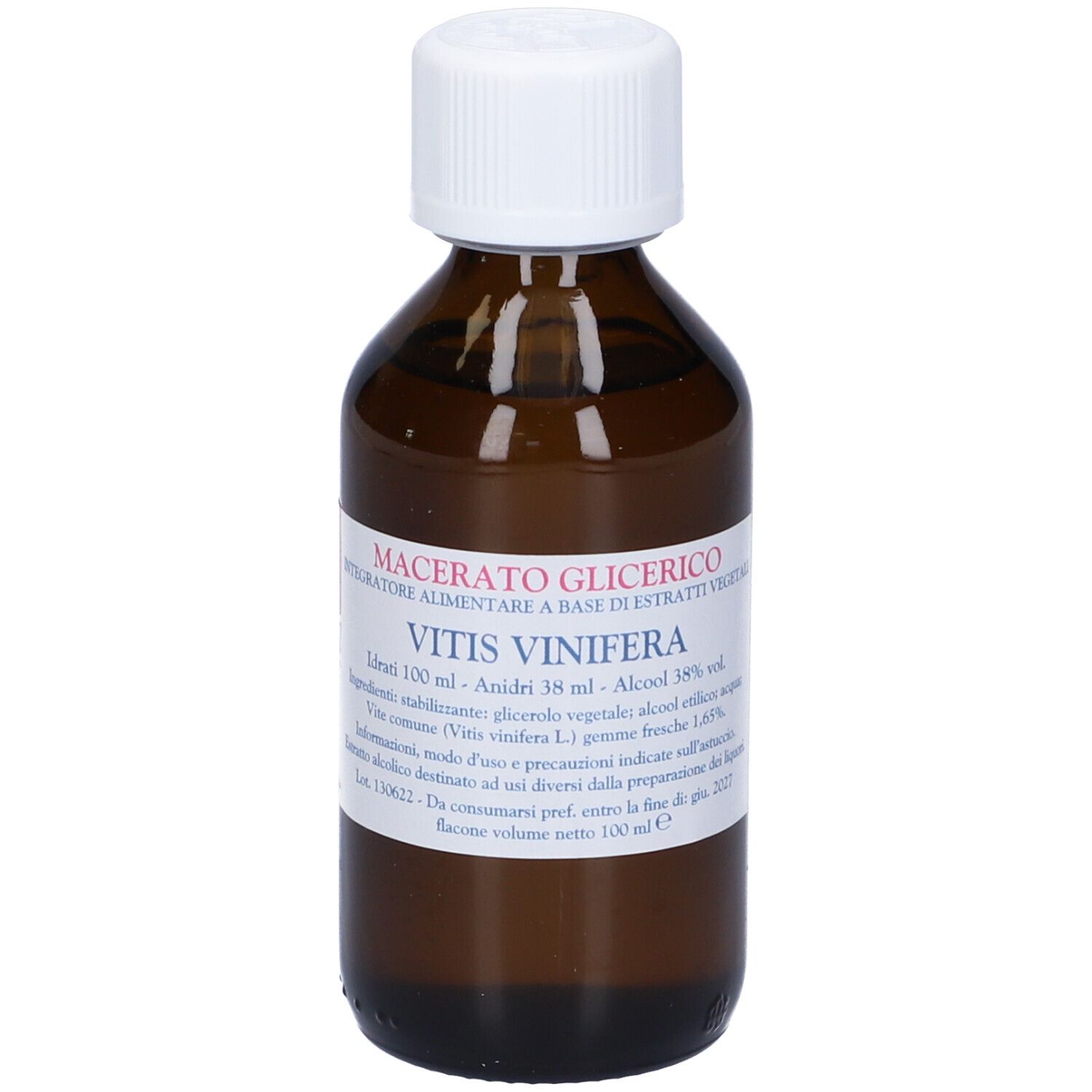 Flacone di vetro marrone con tappo bianco. Etichetta con testo: Vitis Vinifera, Macerato Glicerico.