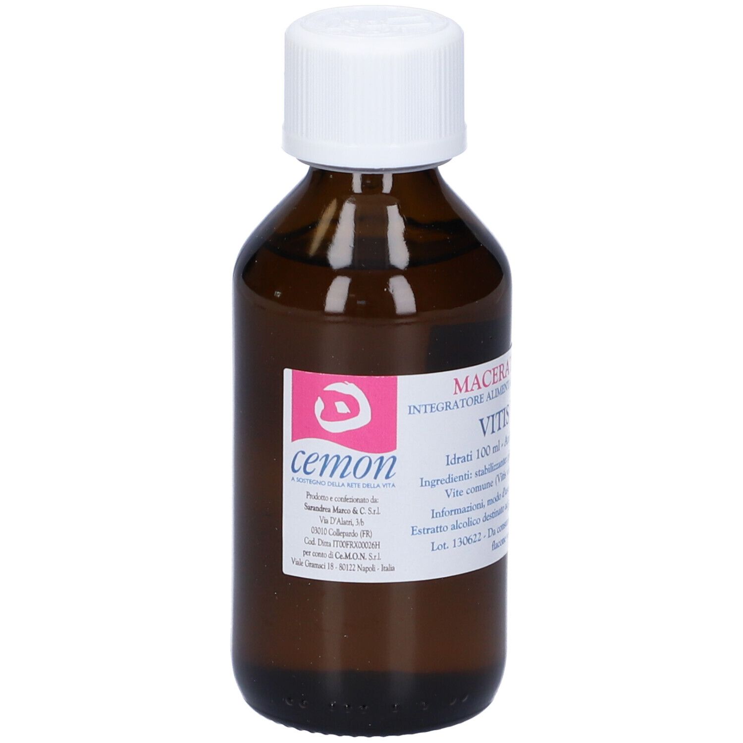 Flacone di vetro marrone con tappo bianco. Etichetta con testo: Vitis Vinifera, cemon.