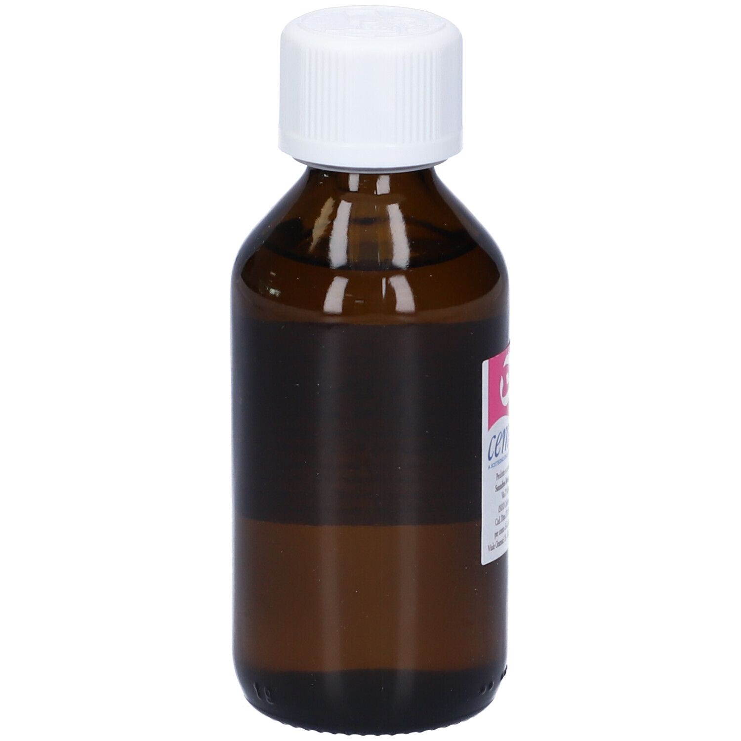 Flacone di vetro marrone con tappo bianco. Etichetta con testo: Vitis Vinifera.