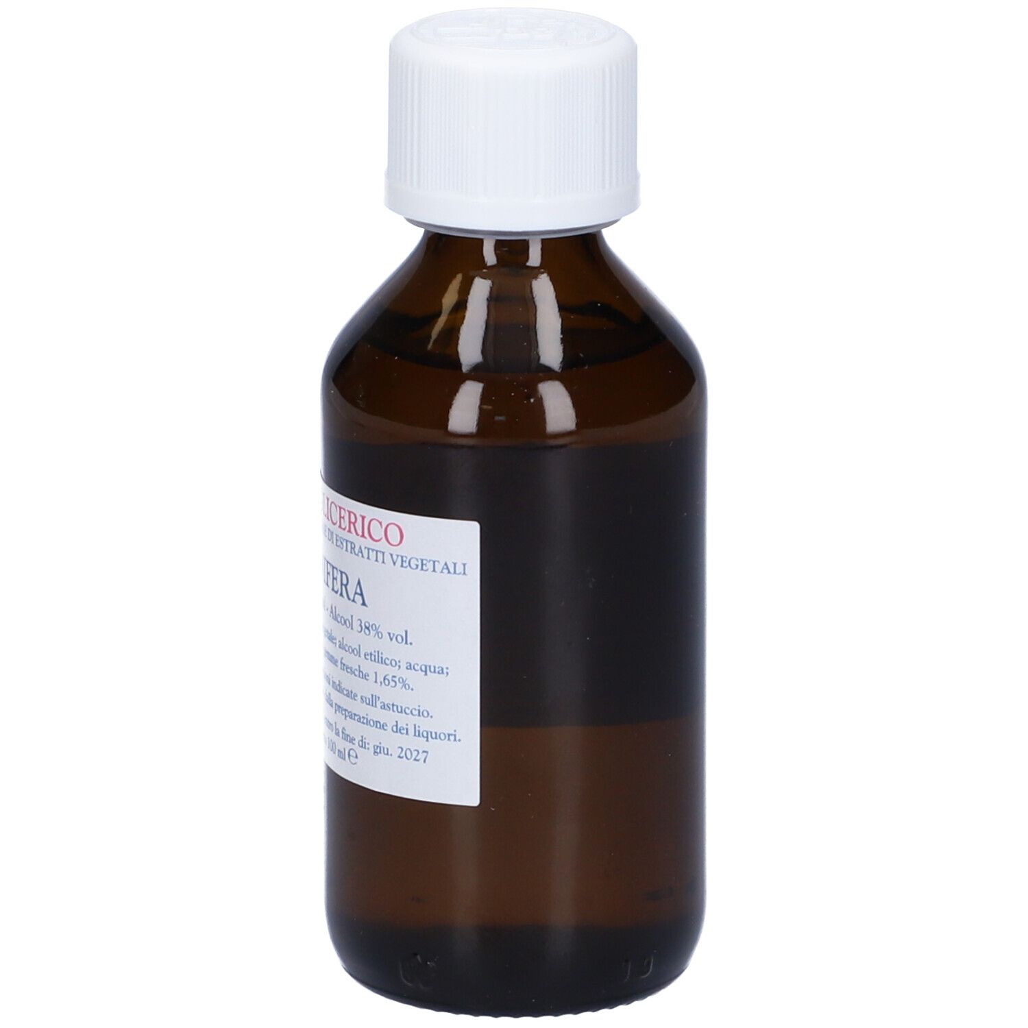 Flacone di vetro marrone con tappo bianco. Etichetta con testo: Vitis Vinifera.