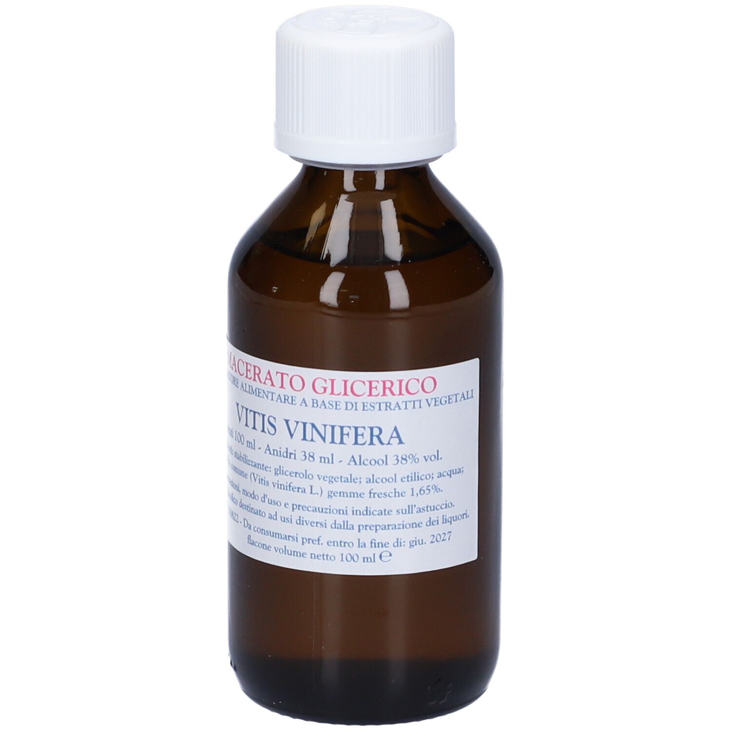 Flacone di vetro marrone con tappo bianco. Etichetta con testo: Vitis Vinifera.