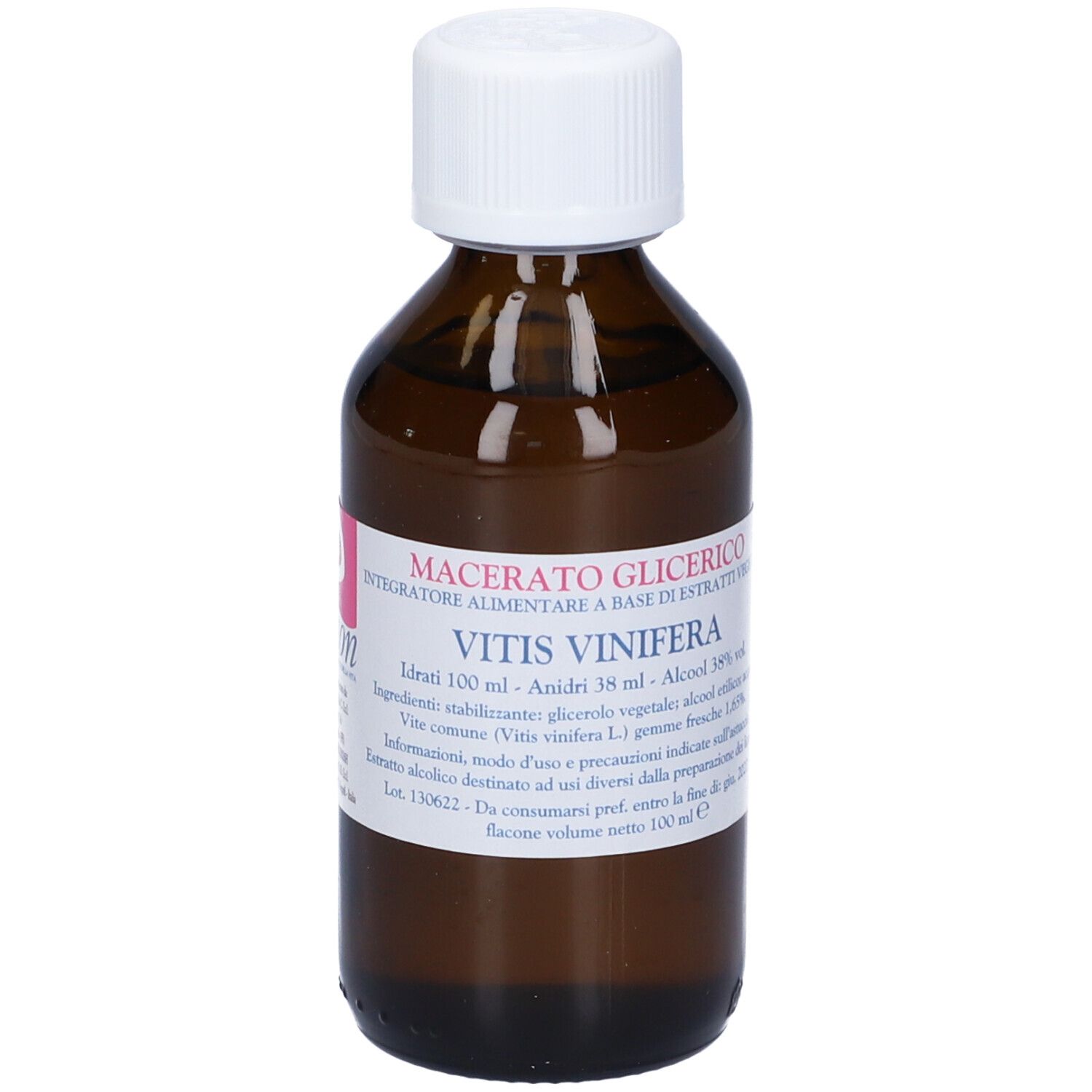 Flacone di vetro marrone con tappo bianco. Etichetta con testo: Vitis Vinifera.